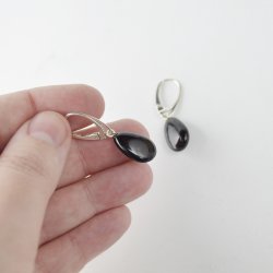 Medium long amber earrings black drop beads